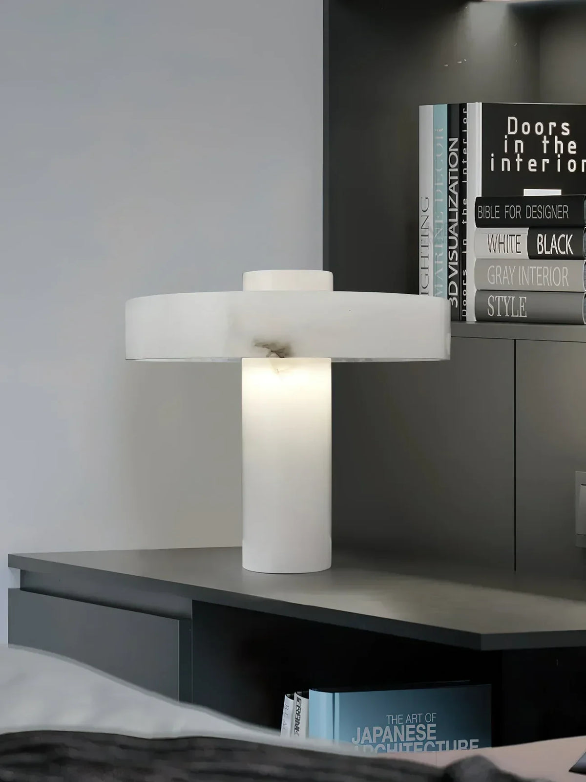 Modern Alabaster Table Lamp on Living Room Credenza