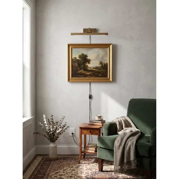 Modern Brass Picture Light Over Artwork in Living Room