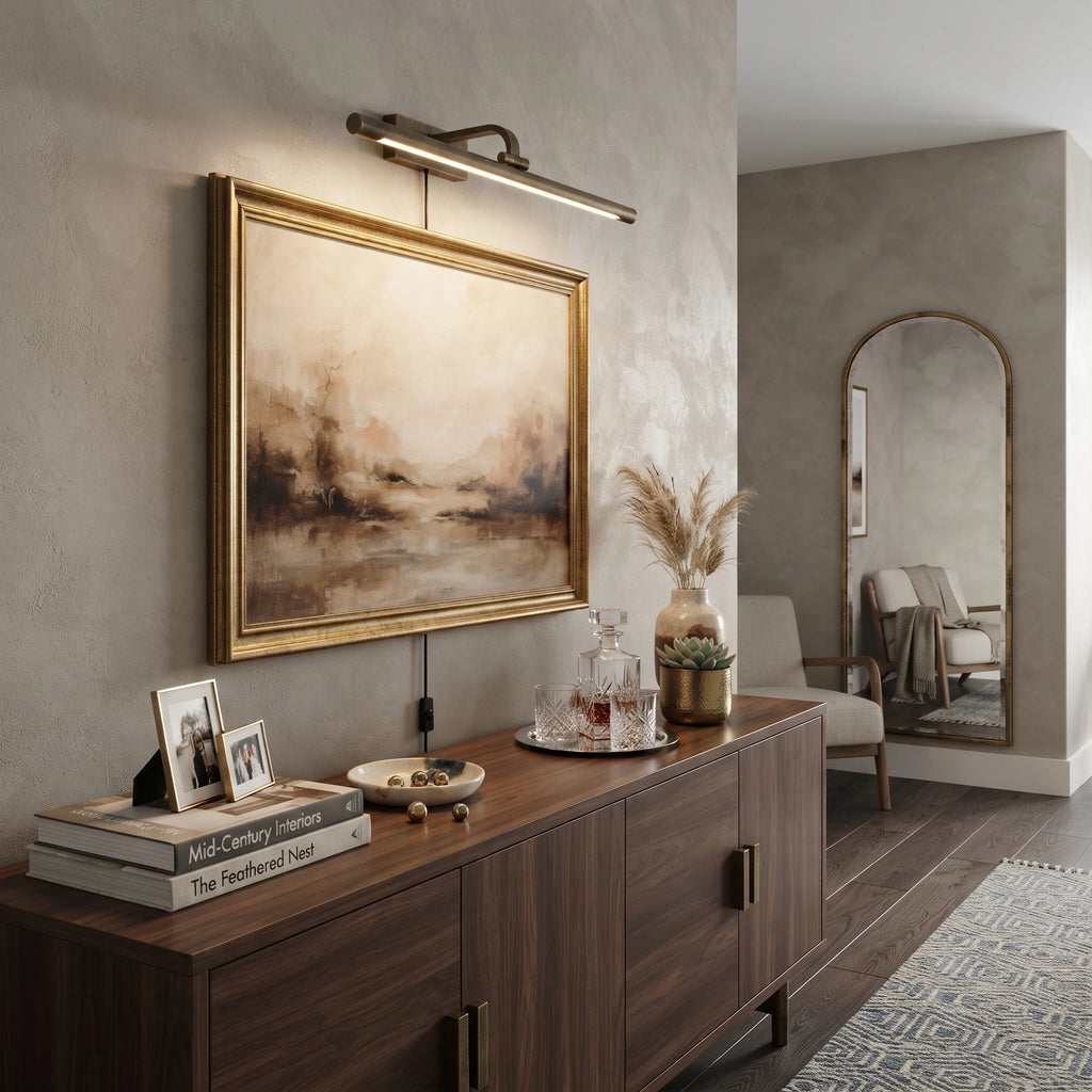Modern Brass Picture Light Over Credenza in Living Room