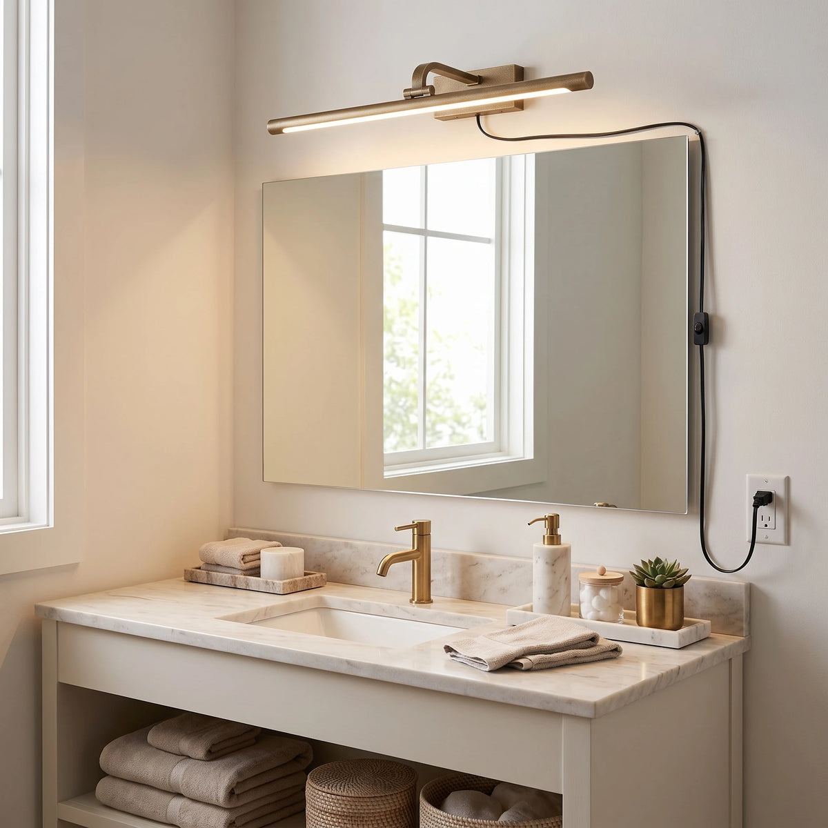 Modern Brass Vanity Light Over Bathroom Mirror