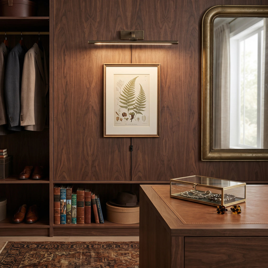 Modern Brass Picture Light in Walk-in Closet Interior