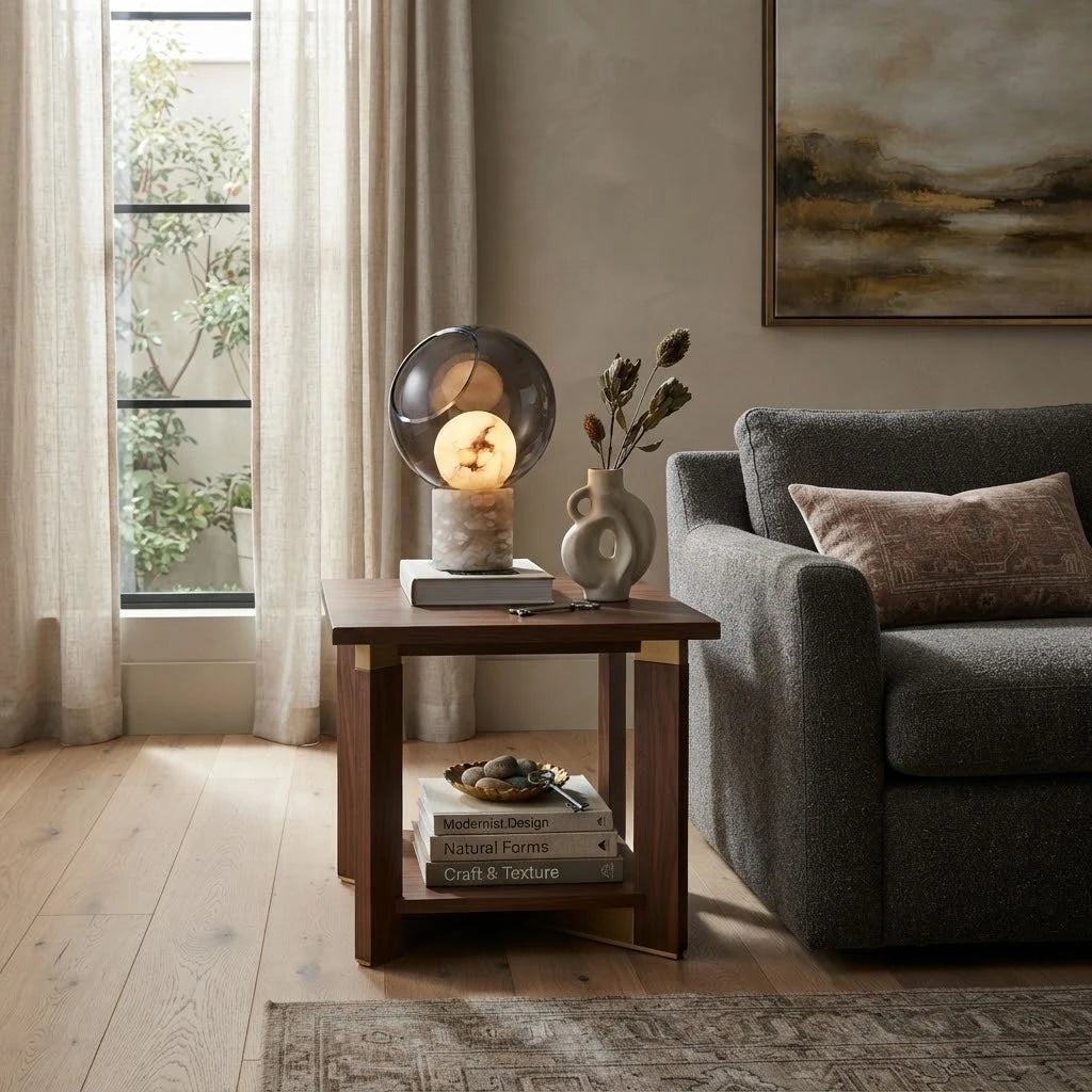 Modern Smoked Grey Cut-Sphere Art Glass Table Lamp in Contemporary Living Room