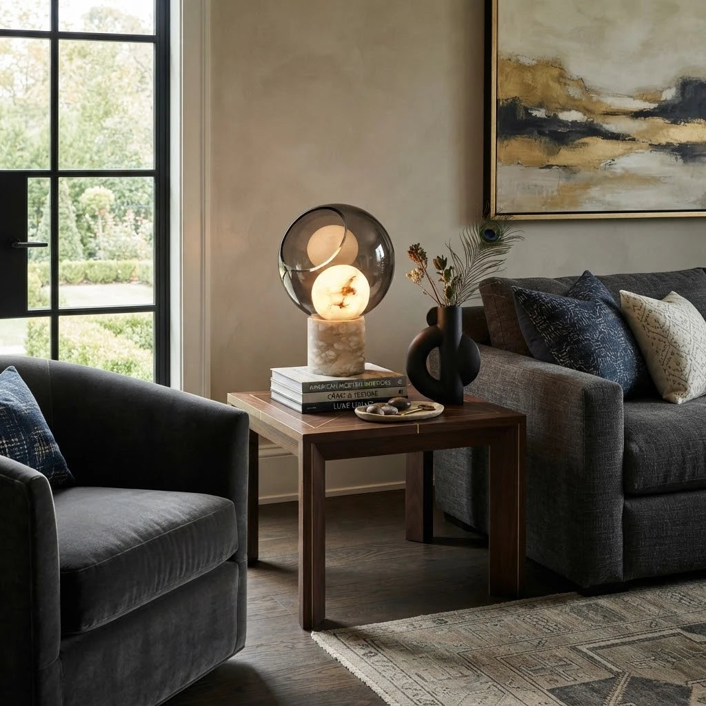 Modern Marble Base Smoked Grey Sphere Table Lamp in Bright Living Space