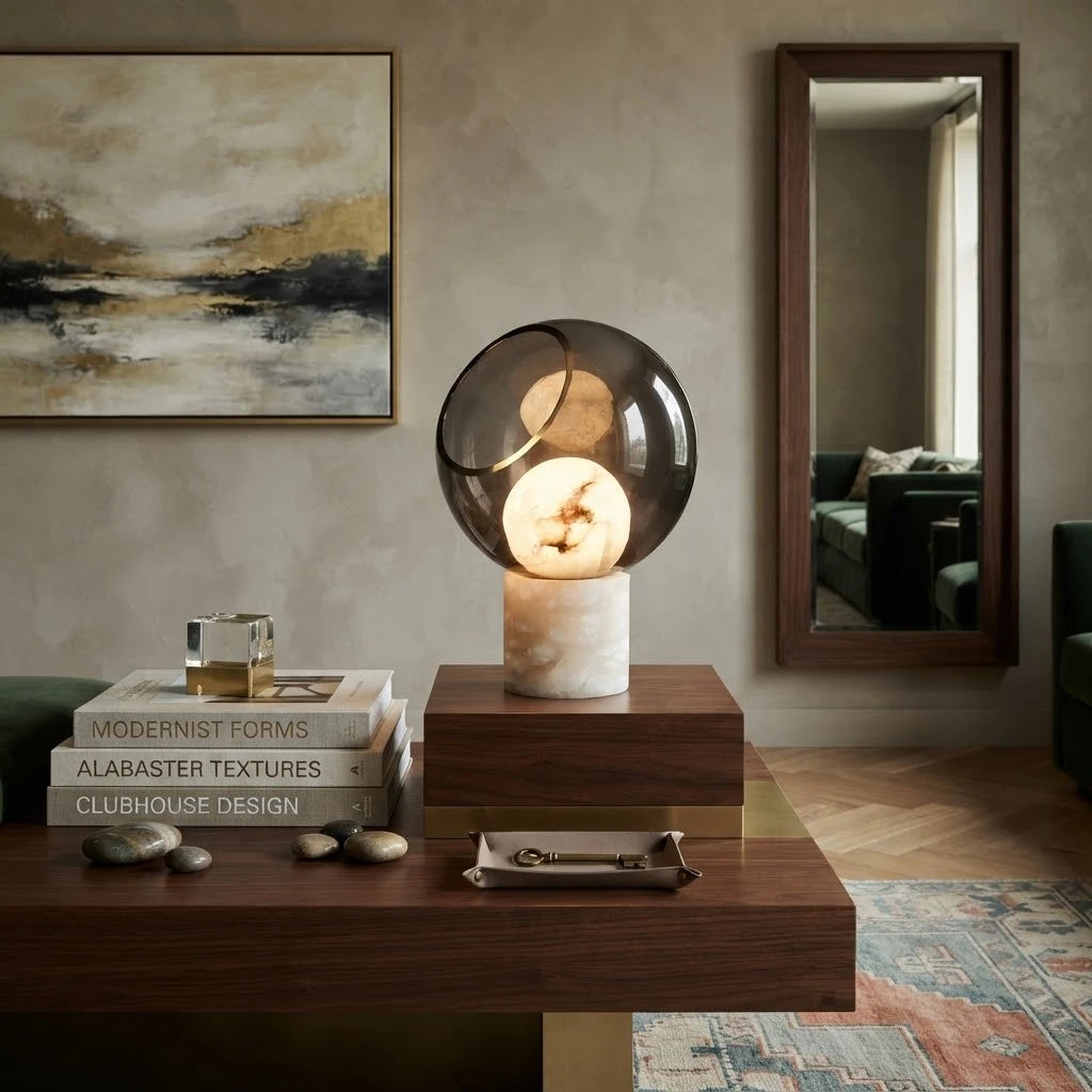 Modern Marble Base Smoked Grey Sphere Table Lamp in Designer Hallway Foyer