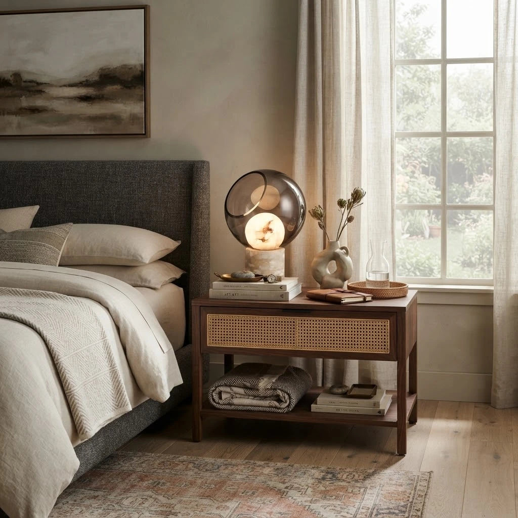 Modern Marble Base Smoked Grey Sphere Table Lamp in Luxury Bedroom Suite