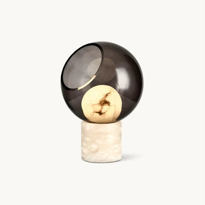 Illuminated Modern Smoked Grey Cut-Sphere Art Glass Table Lamp Studio Display