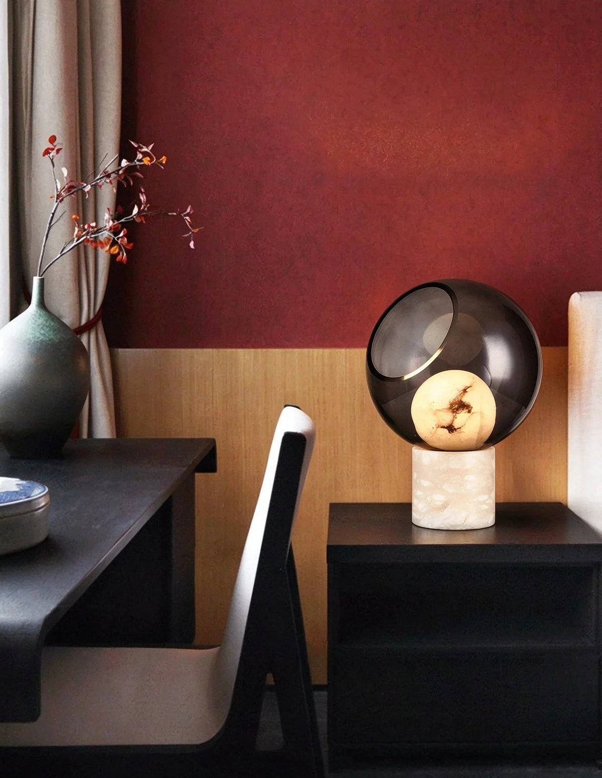 Modern Marble Base Smoked Grey Sphere Table Lamp in Elegant Bedroom Setting
