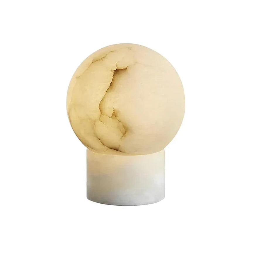 Modern Round Base and Alabaster Sphere Table Lamp with Natural Vein Texture on Pure White Background