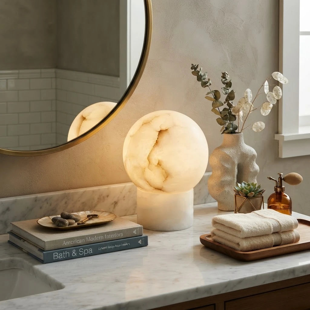 Modern Alabaster Sphere Table Lamp in Luxury Bathroom Interior