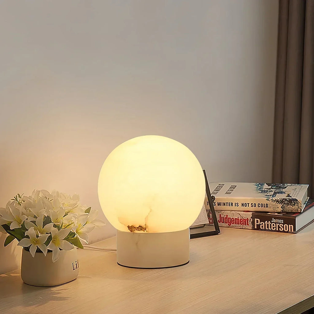 Modern Alabaster Sphere Table Lamp in Bright Interior Setting