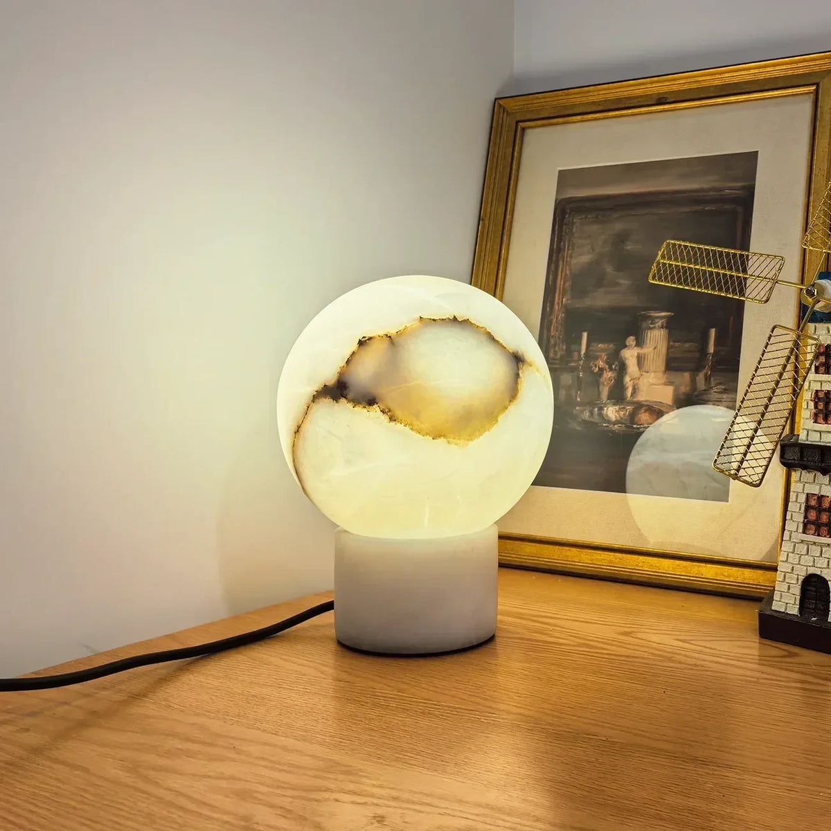 Illuminated Modern Alabaster Sphere Table Lamp Studio Display