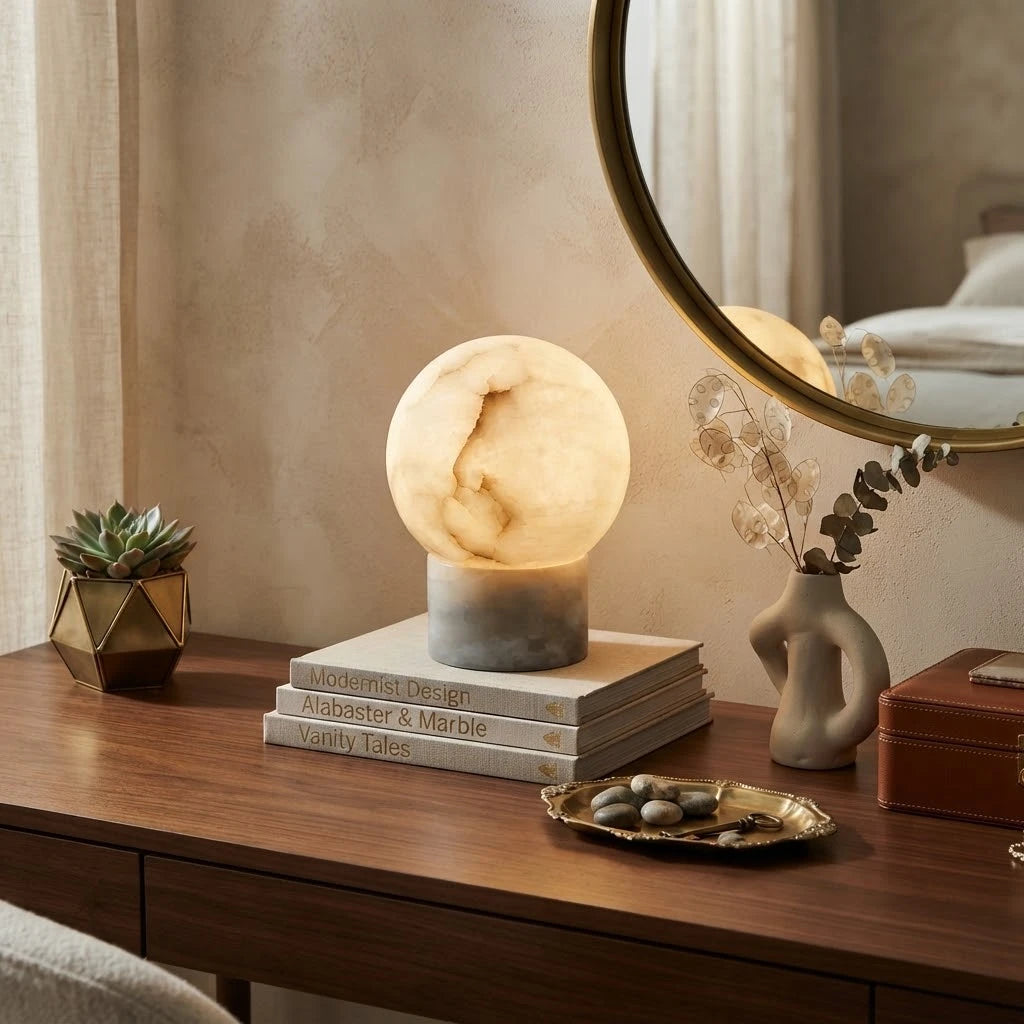 Modern Alabaster Sphere Table Lamp in Luxury Vanity Space