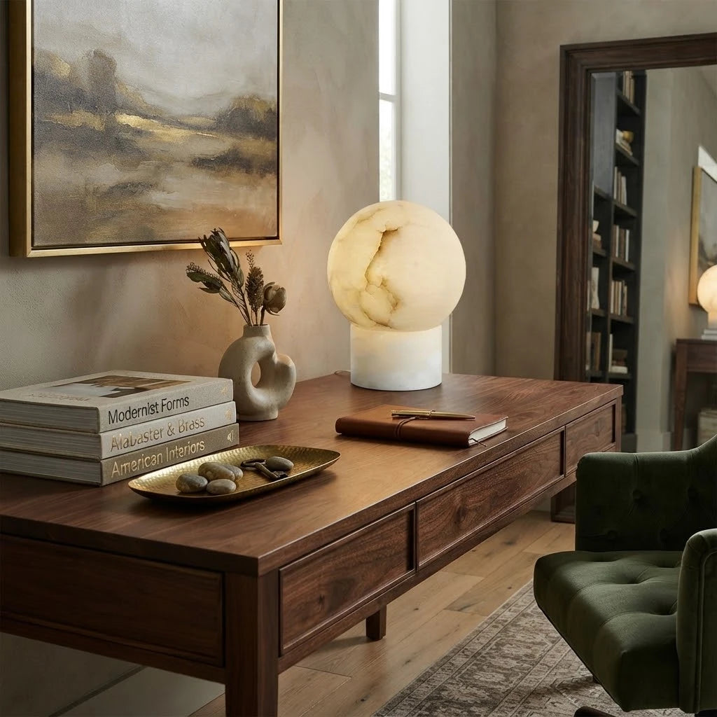 Modern Round Base Alabaster Sphere Table Lamp in Elegant Living Area