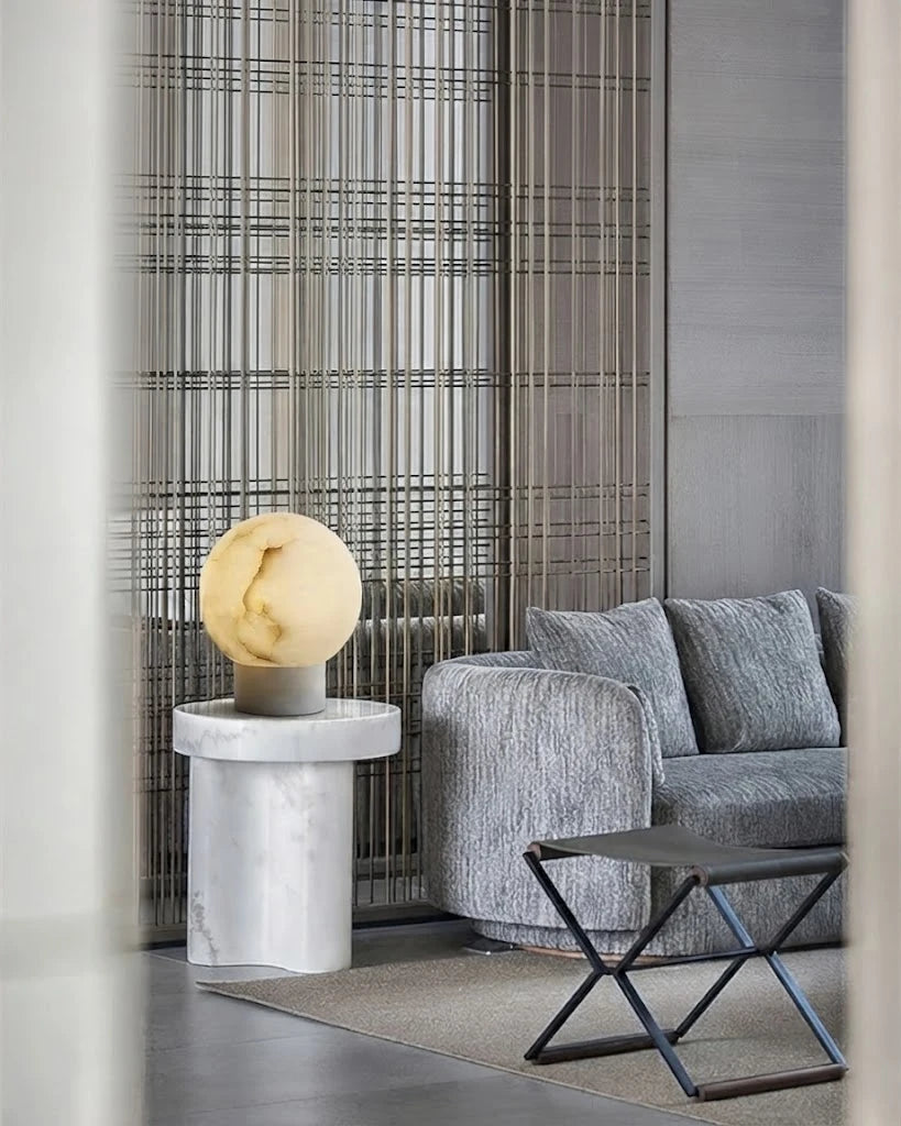 Modern Alabaster Sphere Table Lamp in Bright Sitting Area