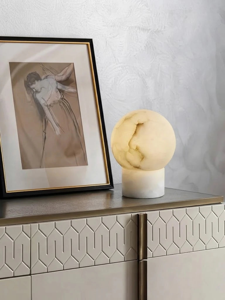 Modern Round Base Alabaster Sphere Table Lamp in Contemporary Foyer Space