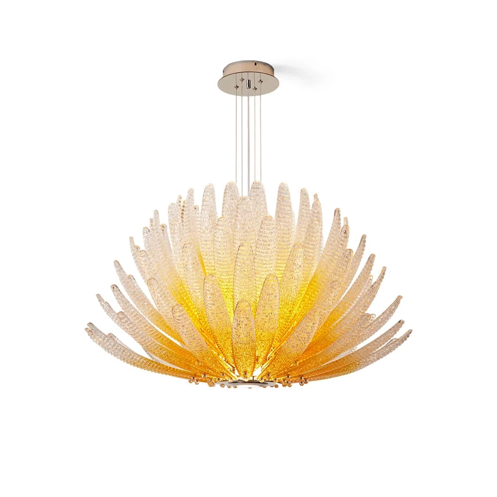 Modern Cascading Amber-White Gradient Feather Art Glass Chandelier with Chain on Pure White Background