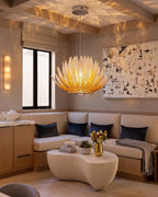 Modern Amber-White Feather Art Glass Chandelier in Living Room Setting