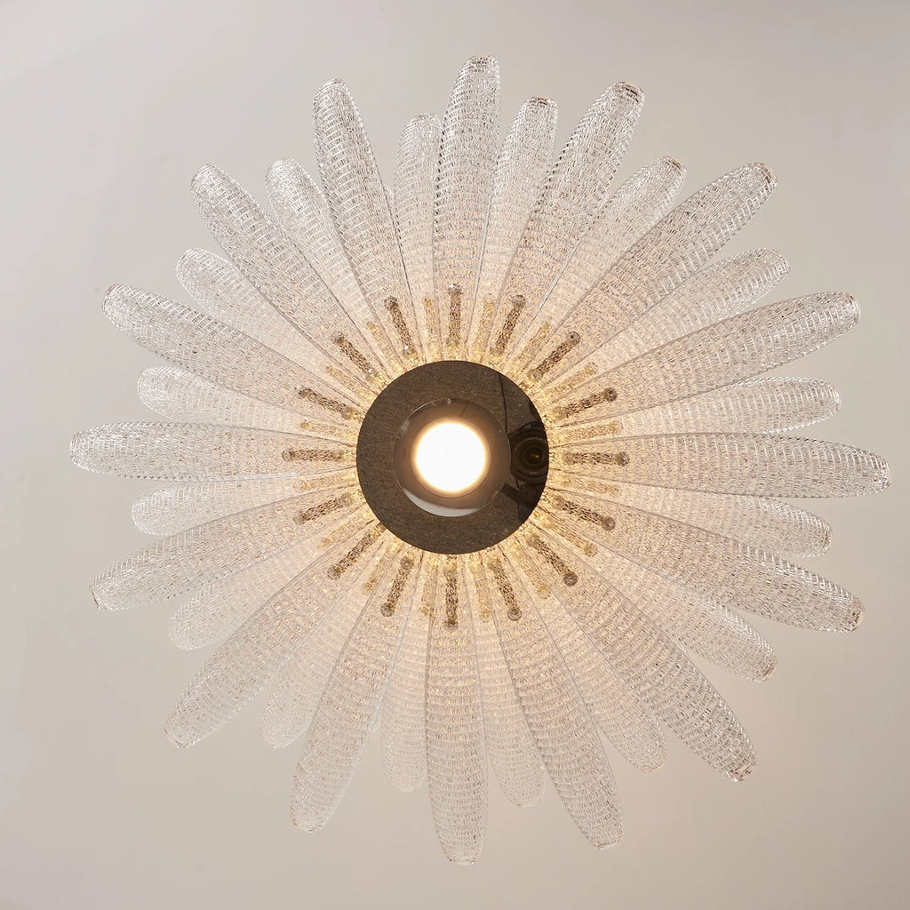 Bottom Up View of Illuminated Modern Feather Art Glass Chandelier