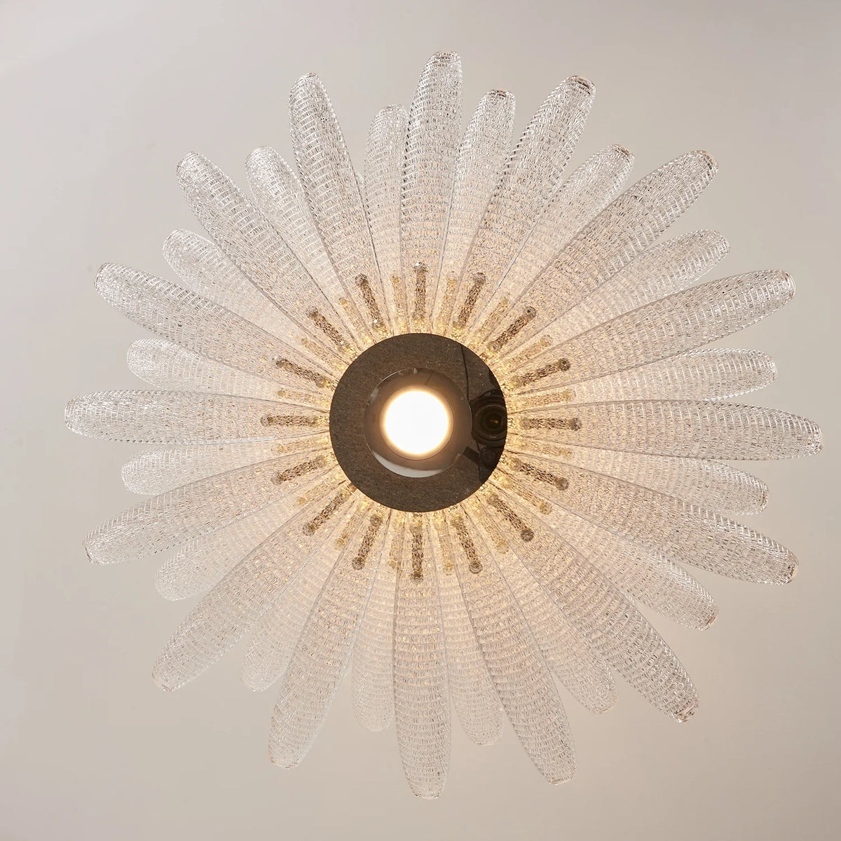 Bottom Up View of Illuminated Modern Feather Art Glass Chandelier