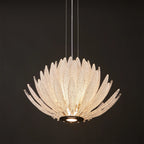 Angled View of Illuminated Modern Cascading Feather Art Glass Chandelier