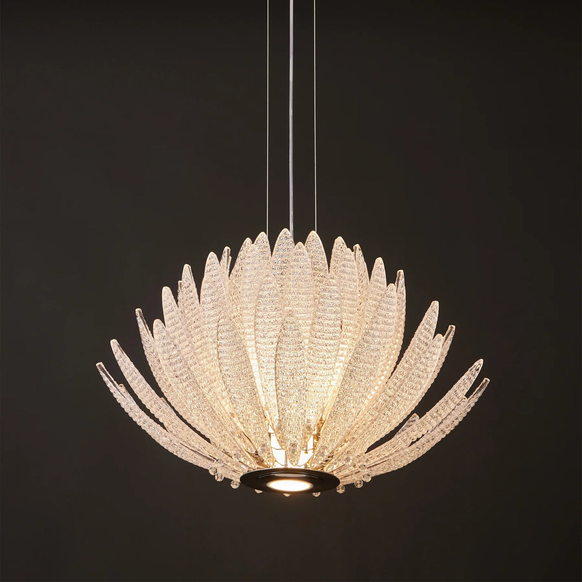 Angled View of Illuminated Modern Cascading Feather Art Glass Chandelier