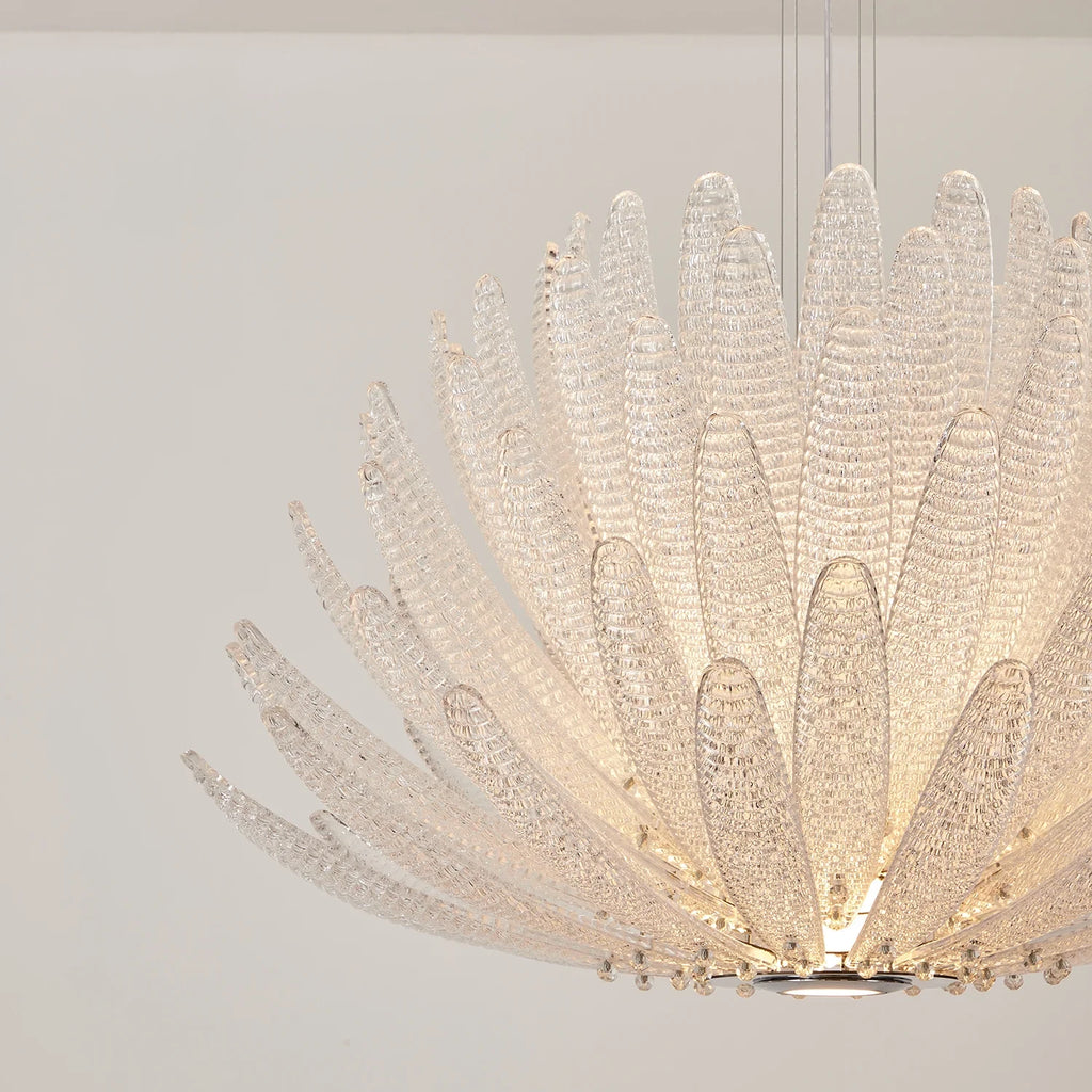 Detail View of Feather Art Glass Shades and Illumination