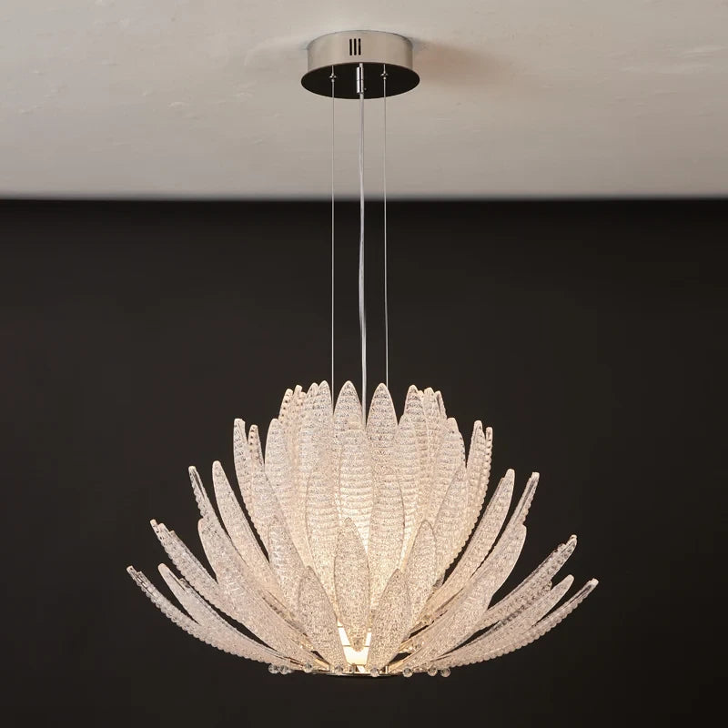 Studio Display of Illuminated Modern White Feather Art Glass Chandelier