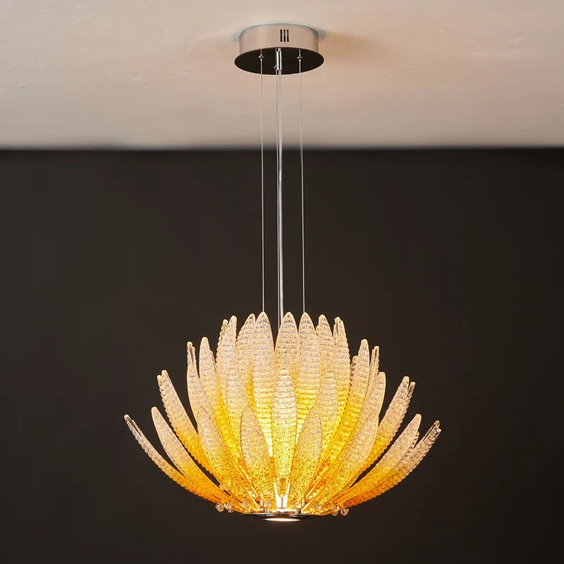 Illuminated Modern Cascading Amber-White Gradient Feather Art Glass Chandelier