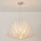 Studio Shot of Illuminated Modern White Feather Art Glass Chandelier