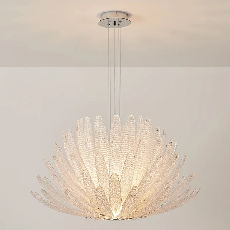 Studio Shot of Illuminated Modern White Feather Art Glass Chandelier