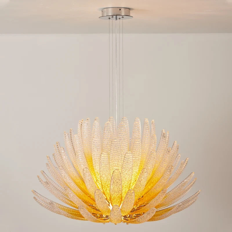 Illuminated Modern Amber-White Gradient Feather Chandelier Studio Display