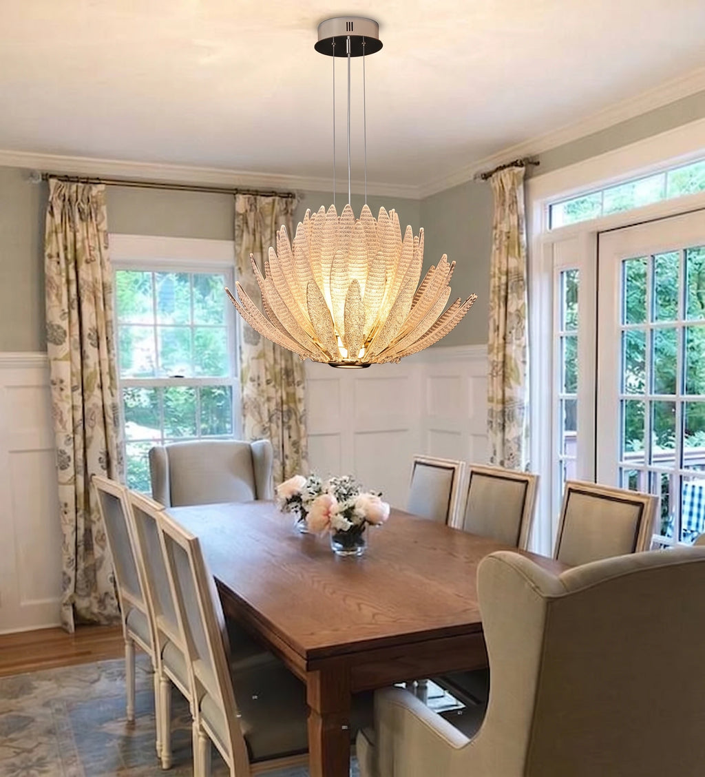 Modern Amber-White Feather Art Glass Chandelier Over Wooden Dining Table