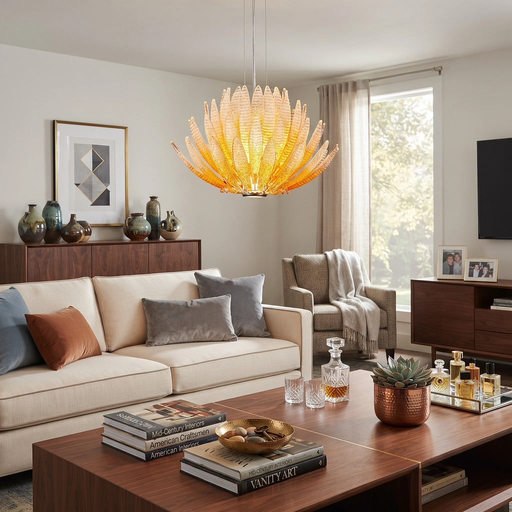 Modern Cascading Art Glass Chandelier in Living Room Interior