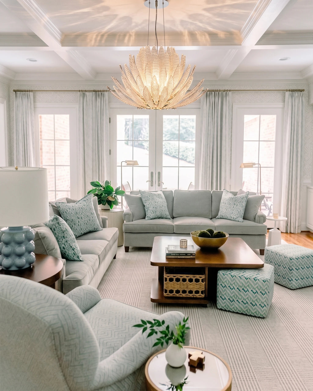 Modern Cascading Amber-White Gradient Chandelier in Bright Living Room