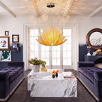 Modern Cascading Feather Art Glass Chandelier in Contemporary Living Room