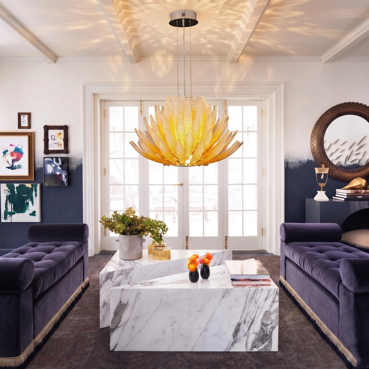 Modern Cascading Feather Art Glass Chandelier in Contemporary Living Room