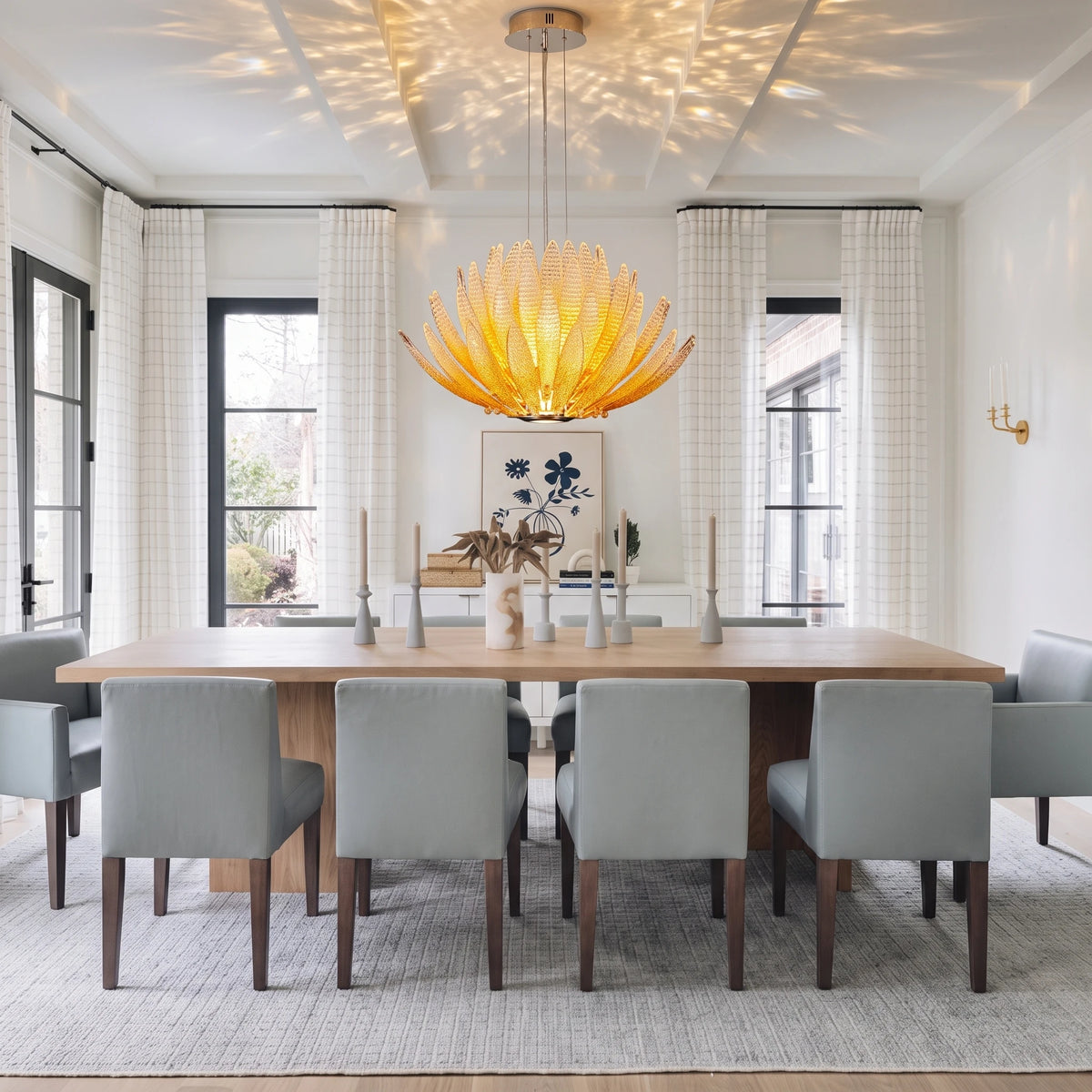 Modern Amber-White Gradient Chandelier Over Formal Dining Table