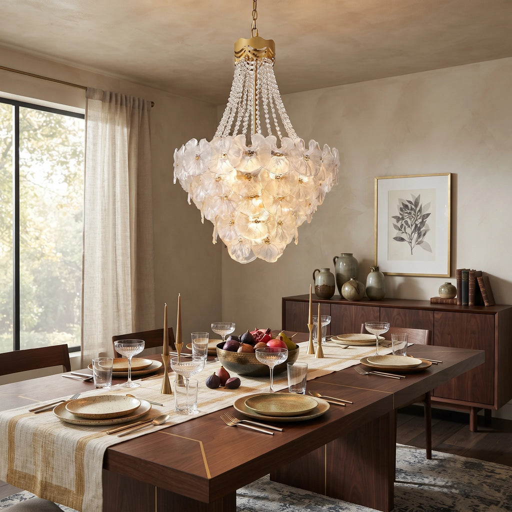 Modern Cascading Art Glass Chandelier Over Wooden Dining Table