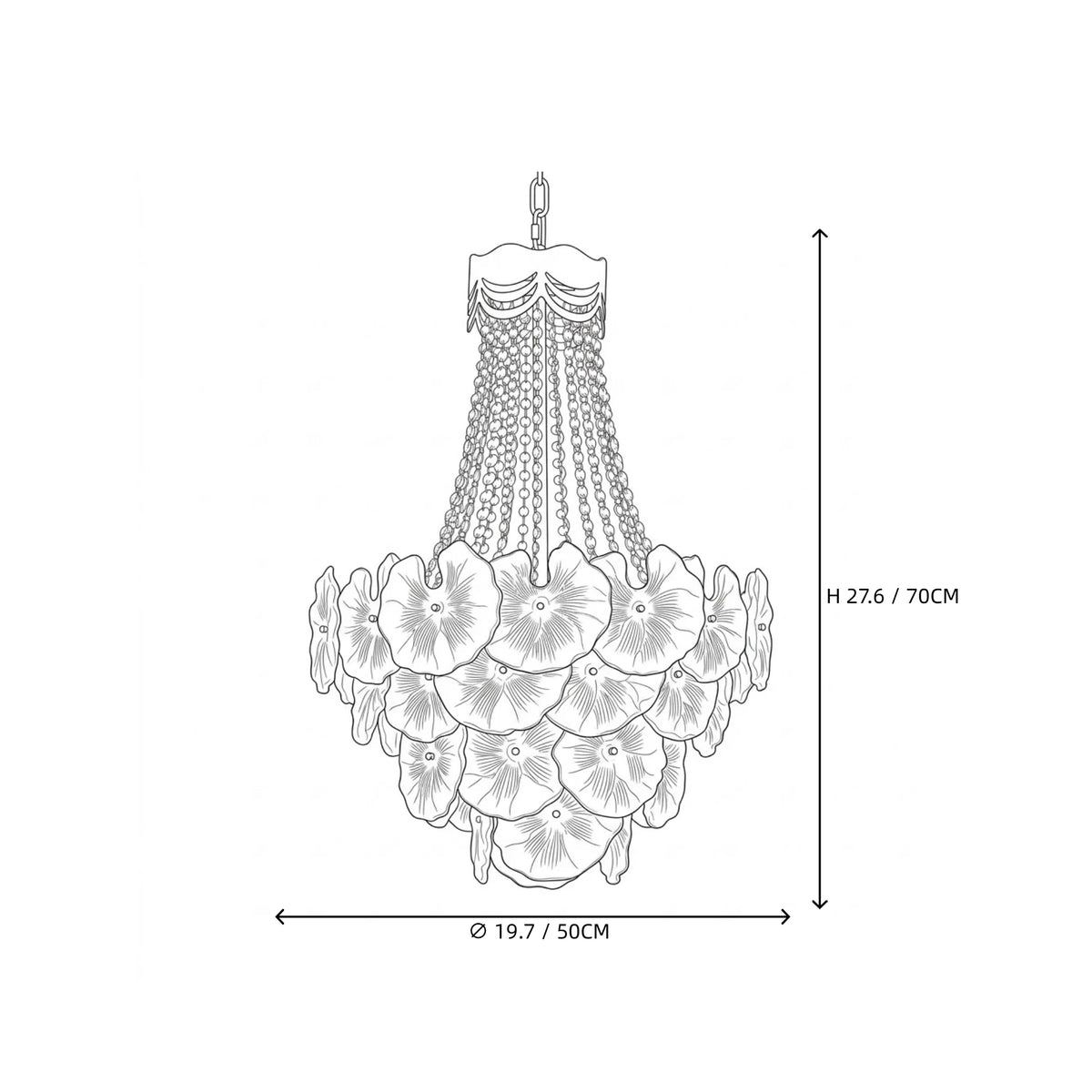 Modern Cascading Round Plate and Crystal Bead Chandelier Style A Line Art Dimension Diagram