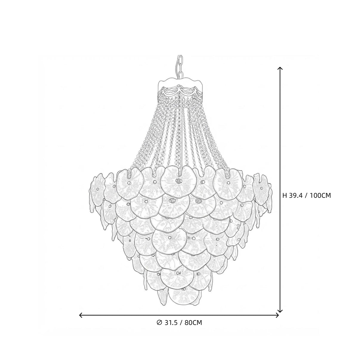 Modern Cascading Round Plate and Crystal Bead Chandelier Style C Line Art Dimension Diagram