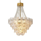 Modern Cascading Round Plate and Crystal Bead Art Glass Chandelier with Brass Canopy on Pure White Background