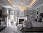 Modern Crystal Bead and Art Glass Chandelier in Master Bedroom Setting