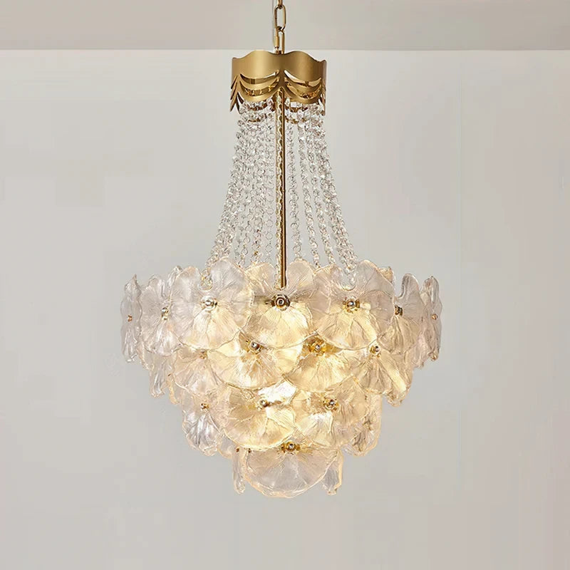 Illuminated Modern Cascading Round Plate and Crystal Bead Chandelier Studio Shot
