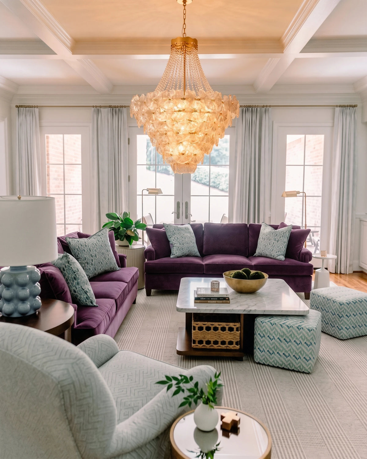 Modern Cascading Art Glass Chandelier in Contemporary Living Room