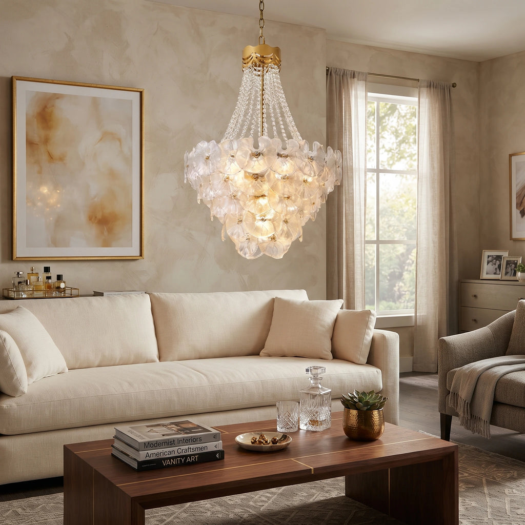 Modern Crystal Bead and Art Glass Chandelier in Bright Living Room