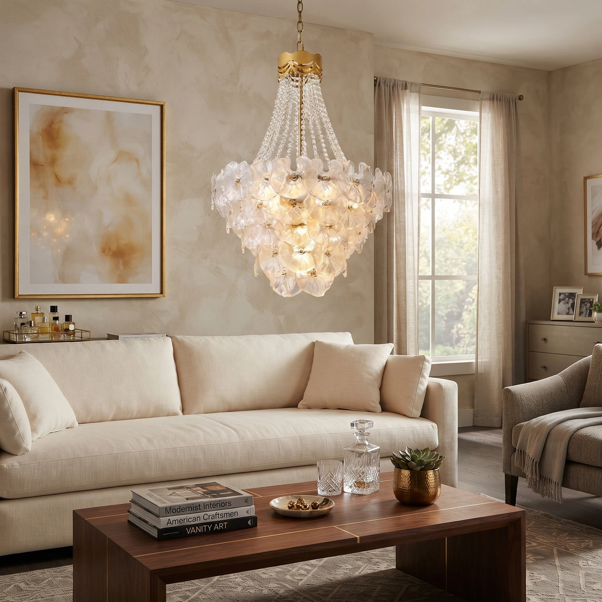 Modern Crystal Bead and Art Glass Chandelier in Bright Living Room