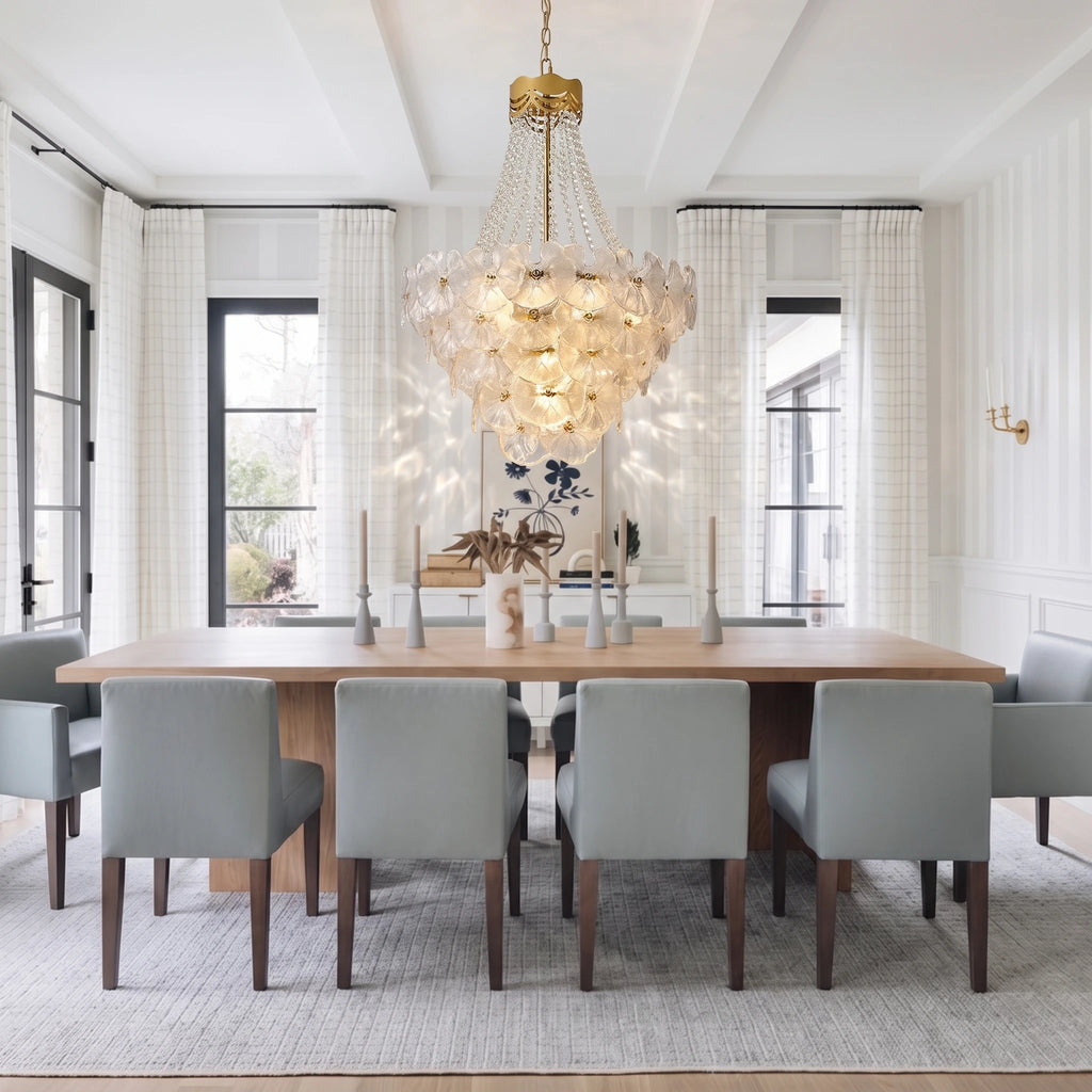 Modern Round Plate Art Glass Chandelier Over Formal Dining Table