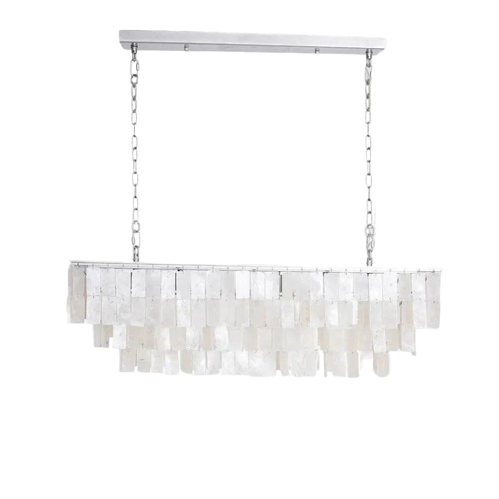Modern Silver and Shell Art Glass Linear Chandelier with Chrome Canopy and Chain on Pure White Background