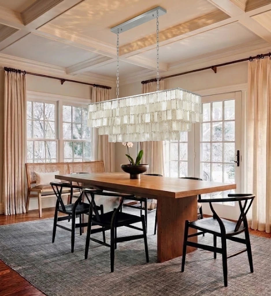 Modern Shell Art Glass Linear Chandelier in Cozy Dining Space