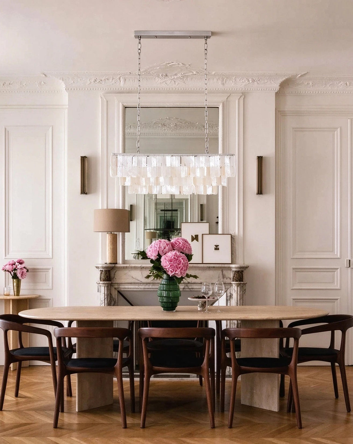 Modern Shell Art Glass Linear Chandelier in Elegant Dining Setting